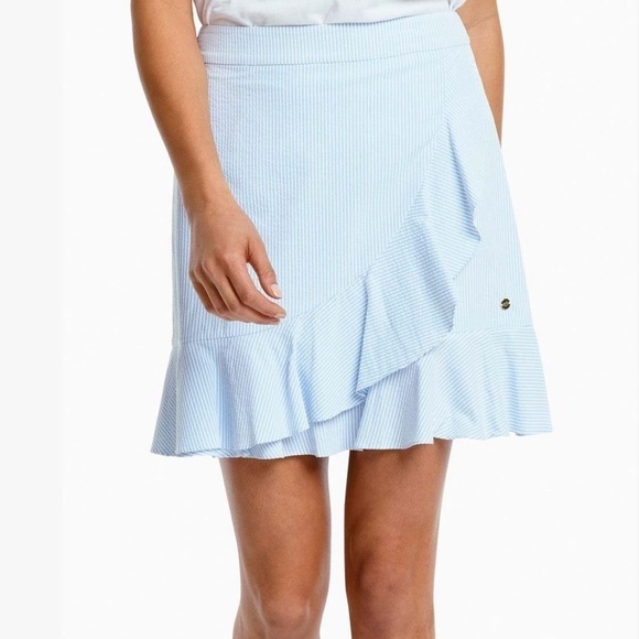 🆕 Southern Tide Stripes Sky Blue Seersucker Margaret Ruffle
Wrap Skirt - Picture 2 of 7